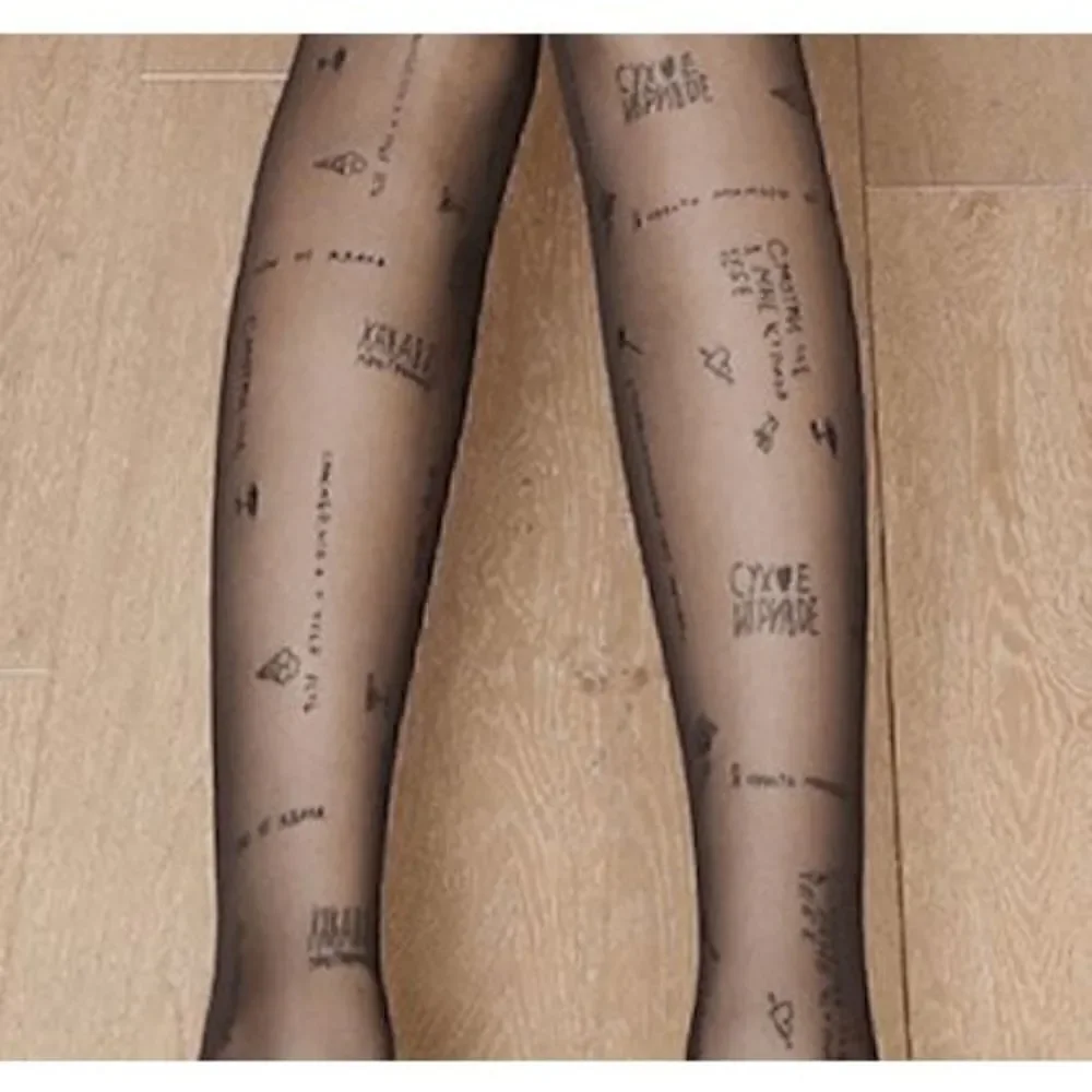 Funny Russian Text Letters Tattoo Printed Black Sheer Nylon Pantyhose Tights NEW